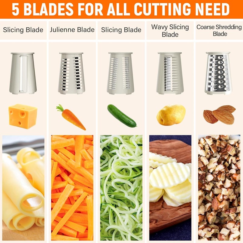 SpaceHacks Rotary Cheese Grater Hand Crank with 5 Interchangeable Blades, Vegetable Slicer Chopper for Fruit Vegetable Nuts, Mandoline Slicer for Kitchen with Blades Rack & Suction Base, White - Image 2